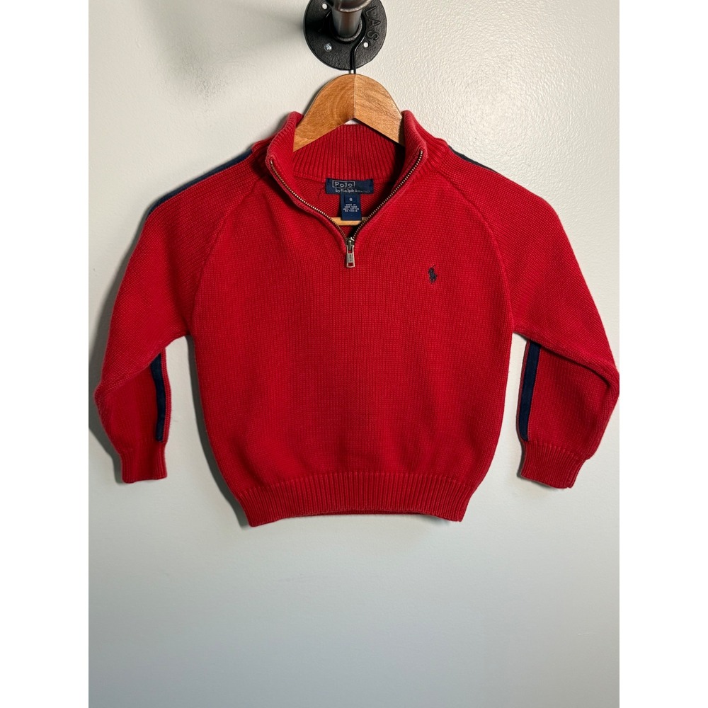 Polo Ralph Lauren Boys Red Quarter Zip Cotton Sweater Navy Stripe Size 6